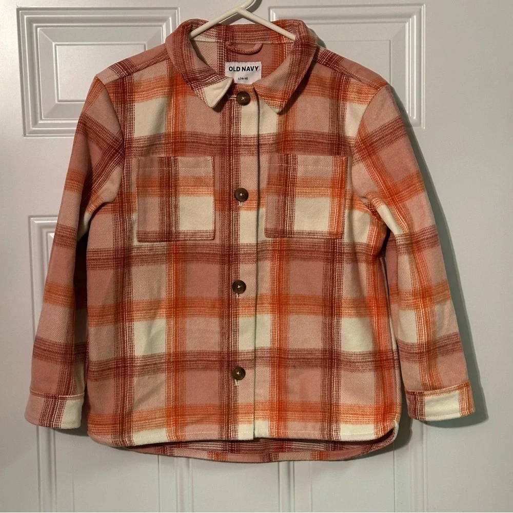 Old Navy Shacket Girls L 10/12 Pink Plaid Fleece Button Up Shirt Jacket Kids